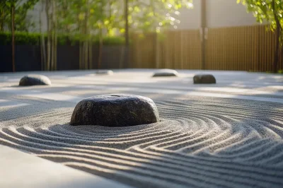 Zen Garden With Raked Sand And Smooth Stones