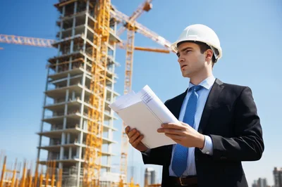 Professional Engineer Reviewing Blueprints at Construction Site