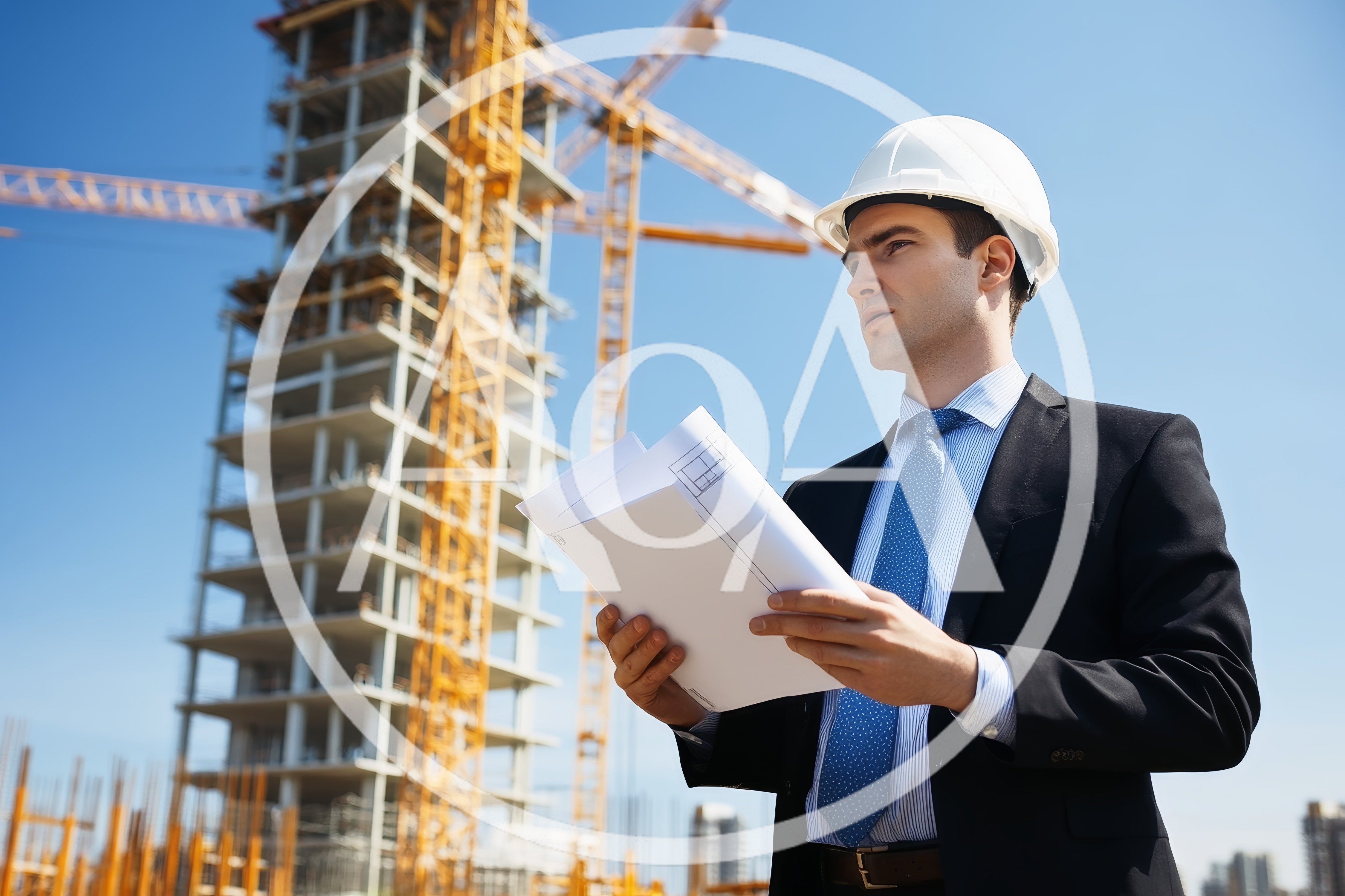 Professional Engineer Reviewing Blueprints at Construction Site