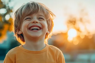 Happy Young Boy Laughing Outdoors During Golden Hour