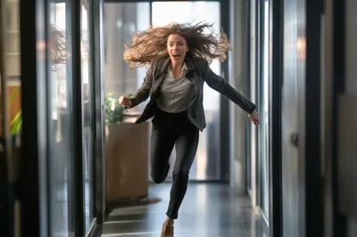 Stressed Businesswoman Running Through Office Hallway