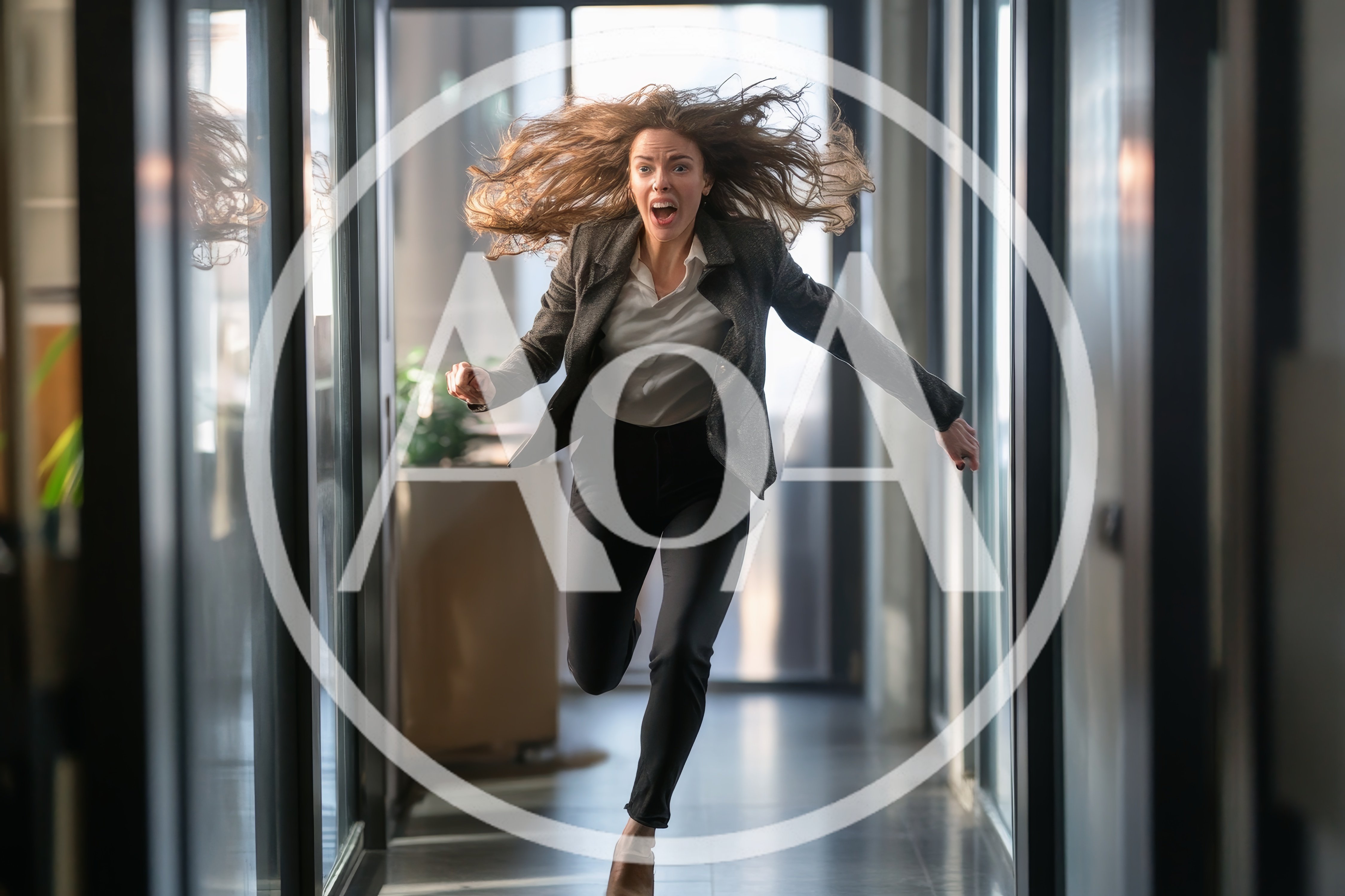 Stressed Businesswoman Running Through Office Hallway