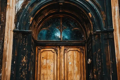 Ornate Wooden Door With A Cosmic Starry Archway