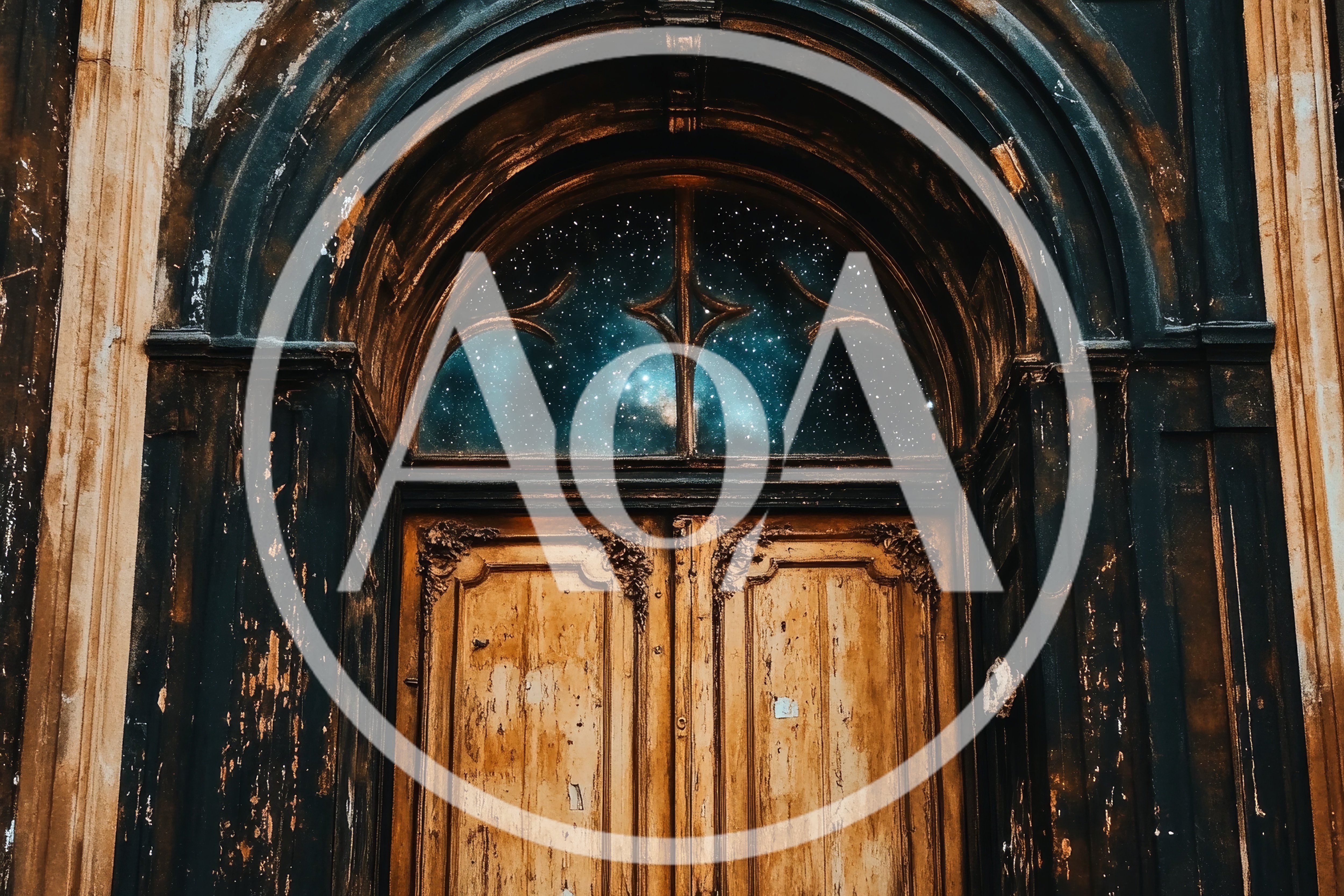 Ornate Wooden Door With A Cosmic Starry Archway