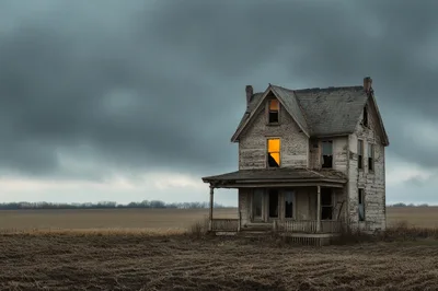 Abandoned Farmhouse With Glowing Window In Stormy Field