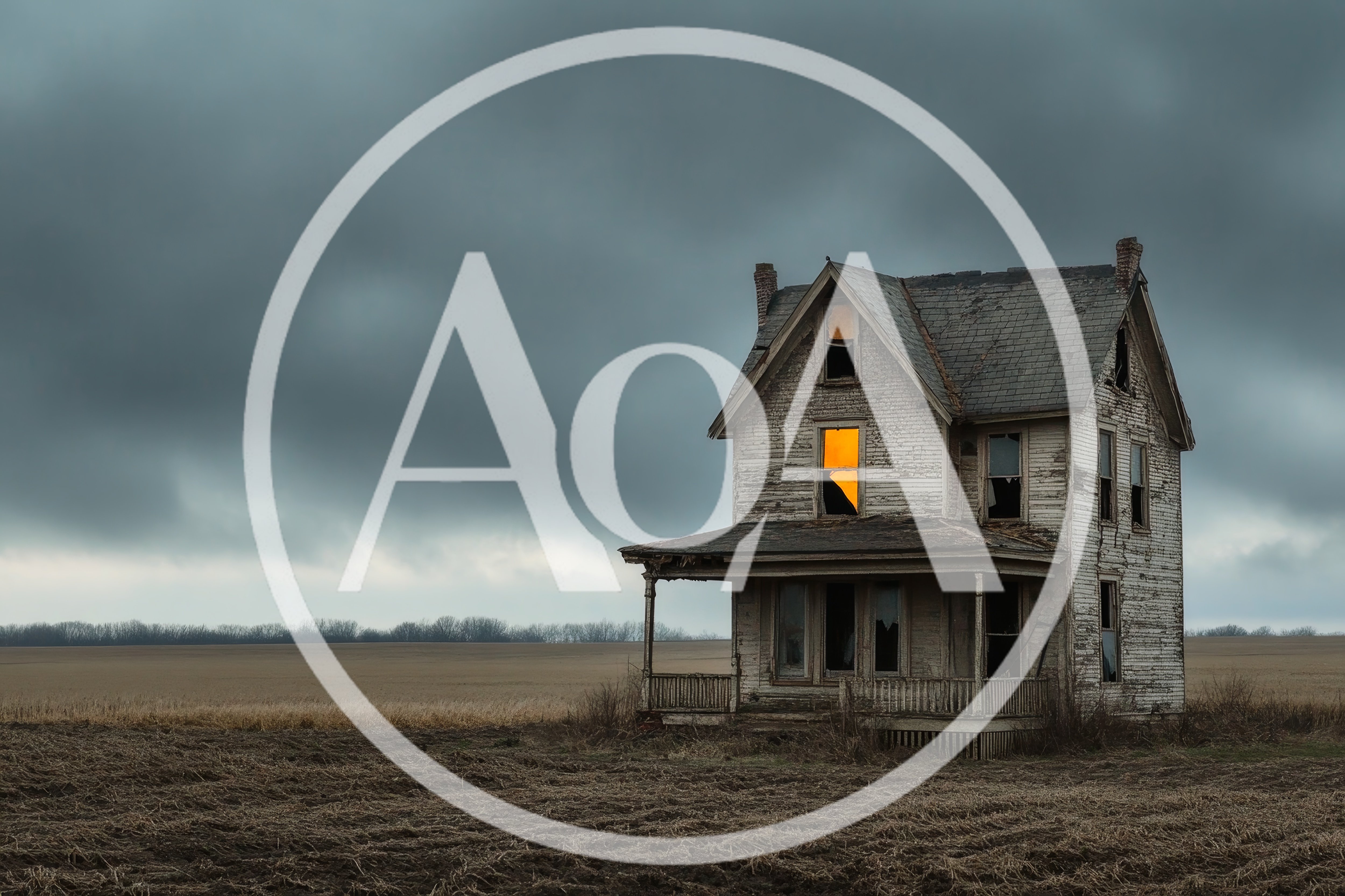 Abandoned Farmhouse With Glowing Window In Stormy Field