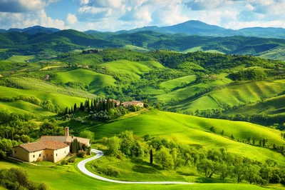 Rolling Green Hills Of Tuscany With Farmhouse