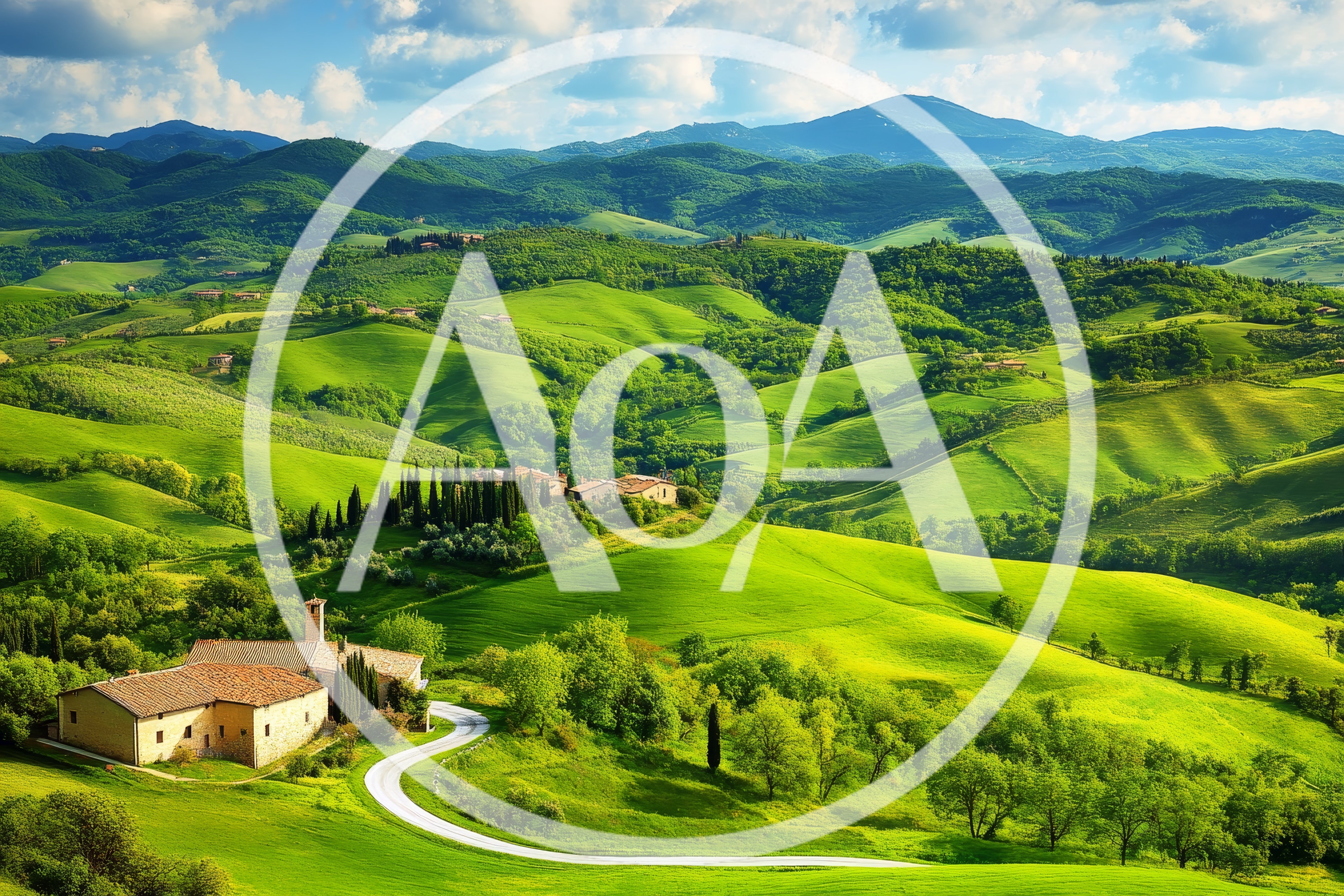 Rolling Green Hills Of Tuscany With Farmhouse