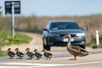 Mother Duck Leading Ducklings Across A Road