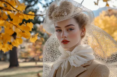 Elegant Woman Wearing Vintage Hat And Veil In Autumn