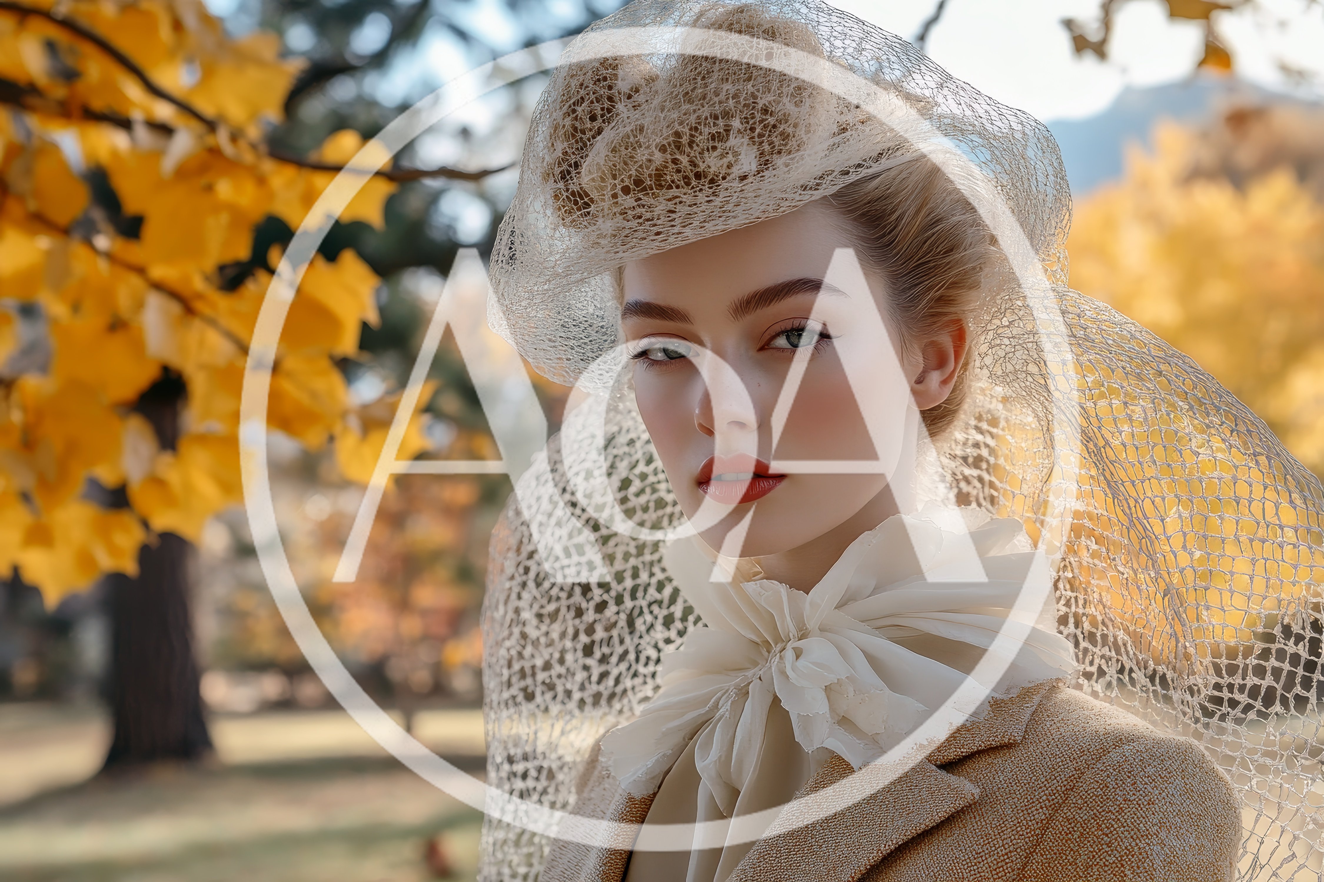 Elegant Woman Wearing Vintage Hat And Veil In Autumn