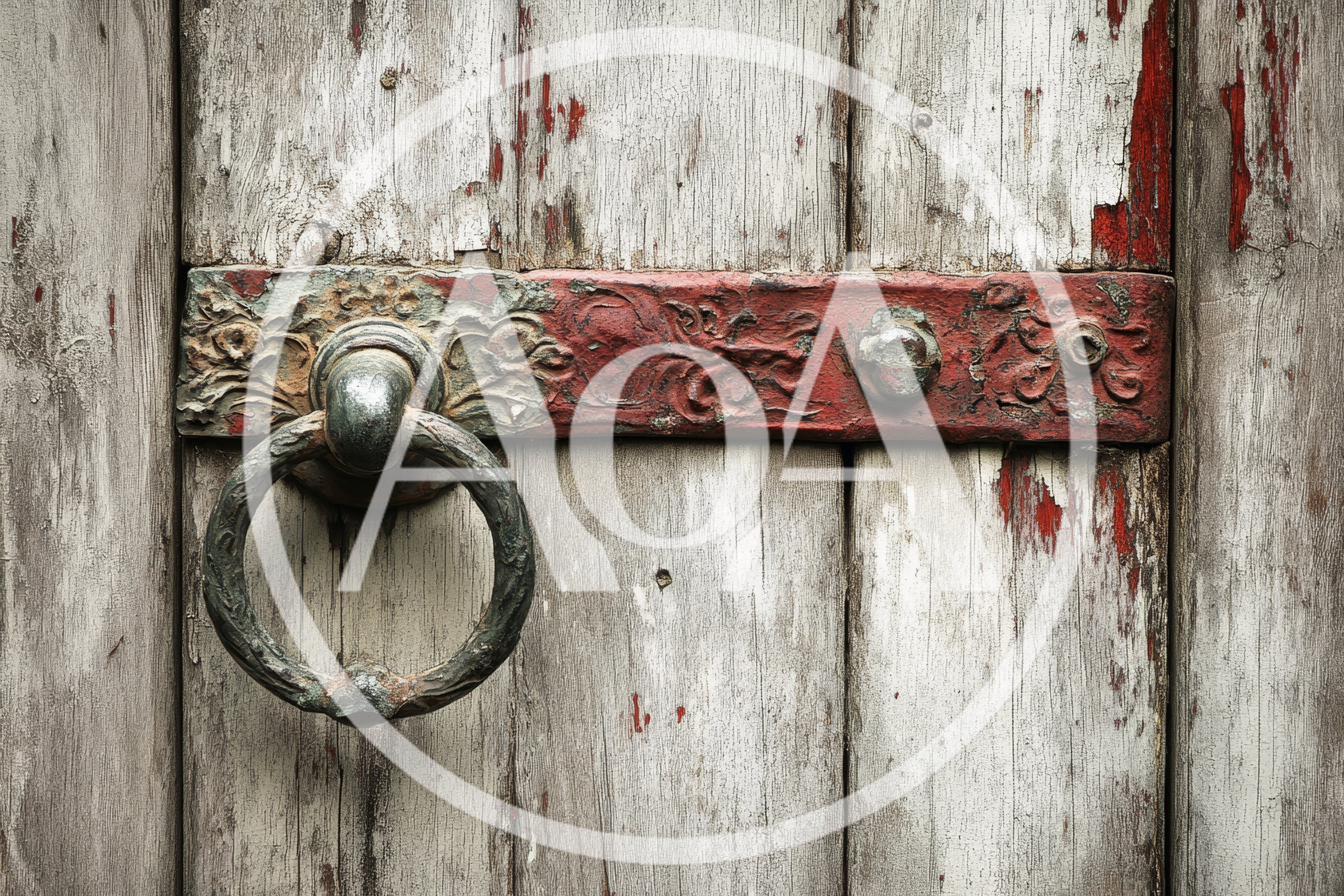 Antique Metal Door Knocker On Weathered Wooden Door