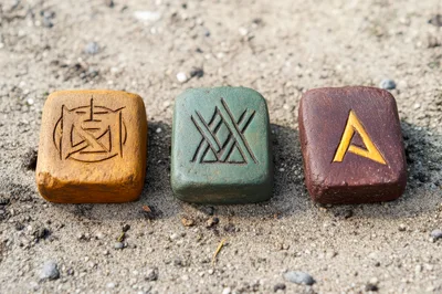 Three Carved Wooden Runes Resting On Sandy Ground