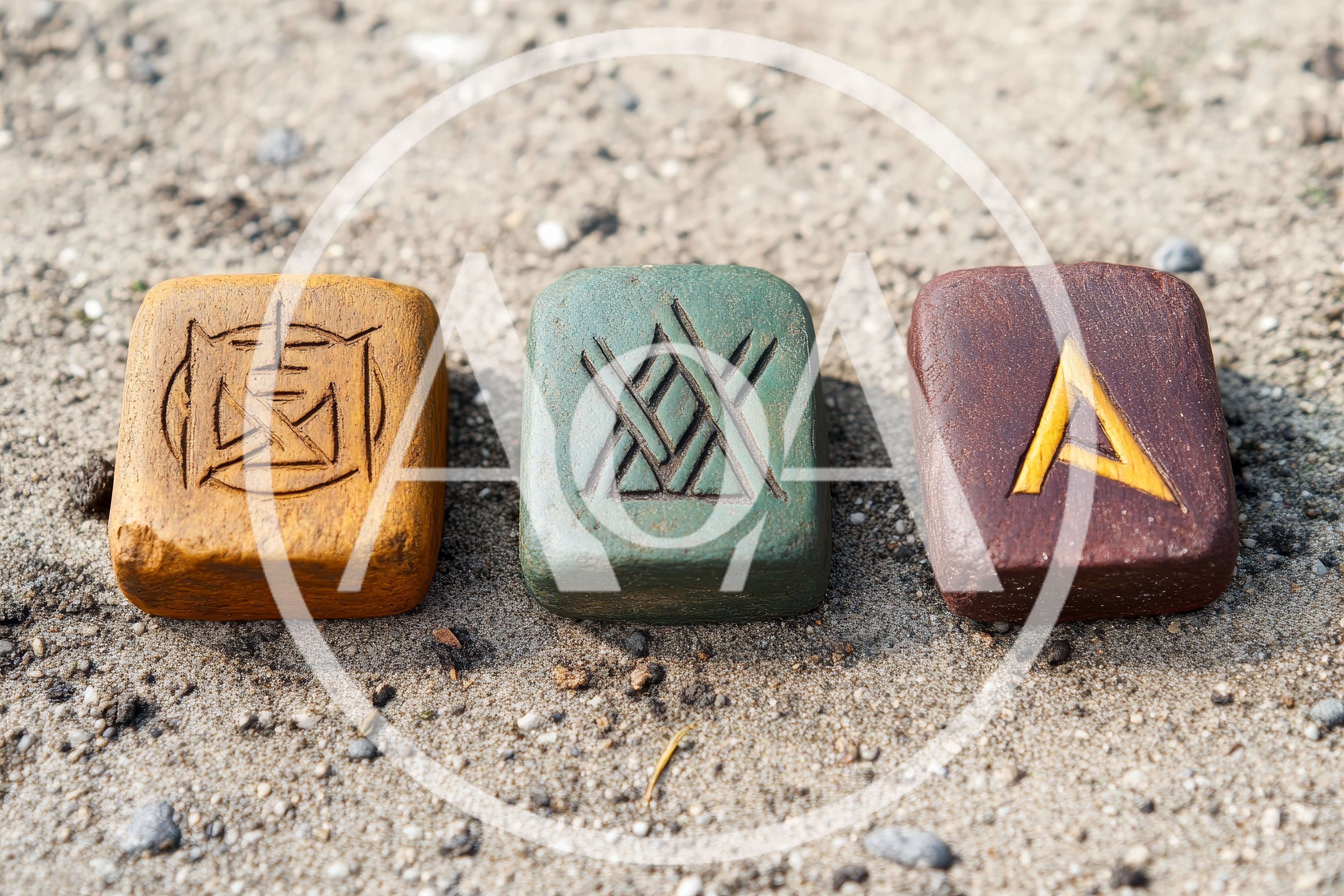 Three Carved Wooden Runes Resting On Sandy Ground