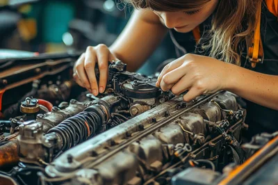 Female Mechanic Repairing Vintage Car Engine