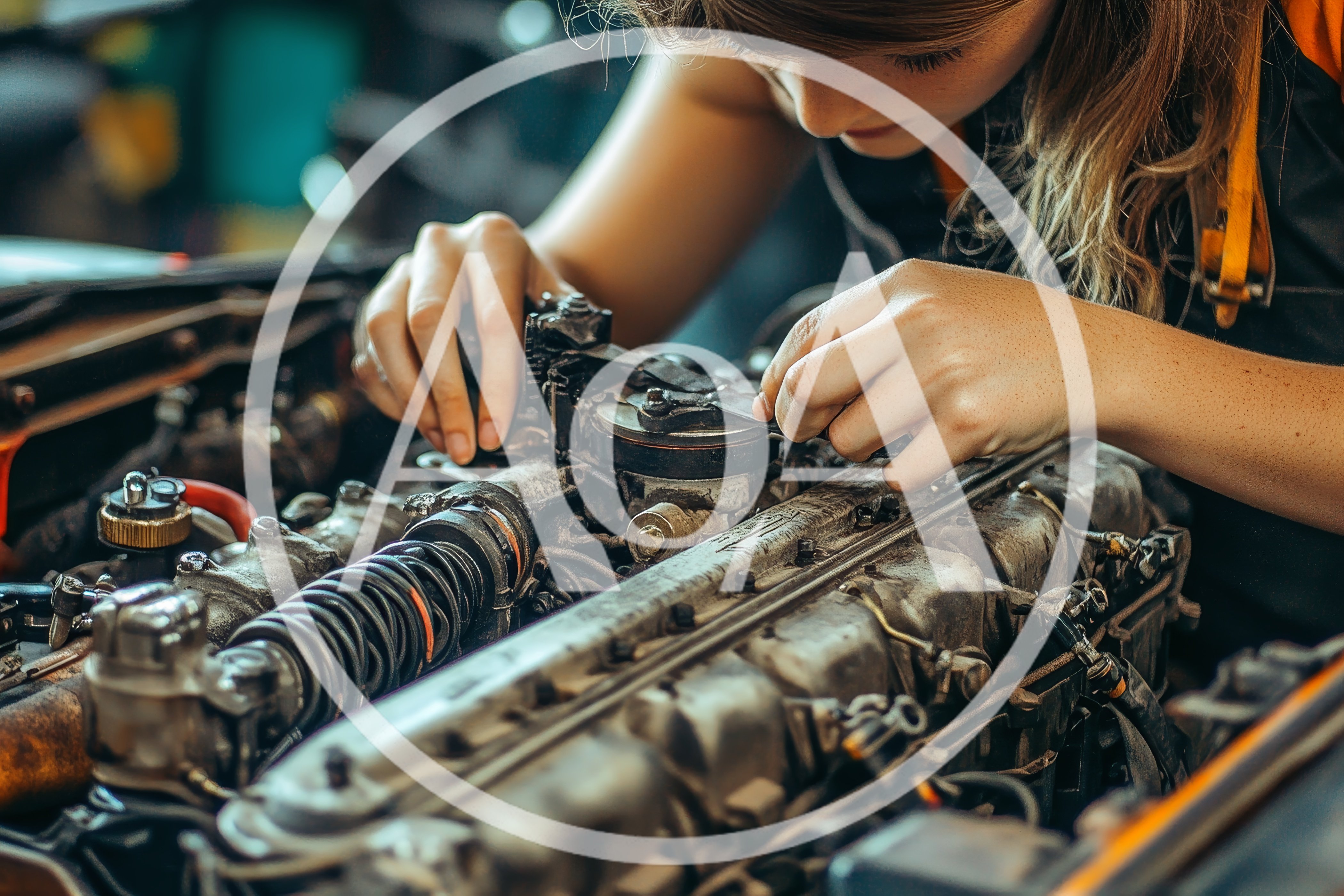 Female Mechanic Repairing Vintage Car Engine