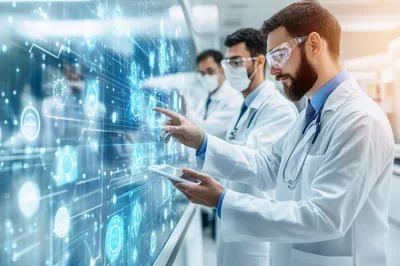 Medical Researchers Interacting With Futuristic Digital Data Interface