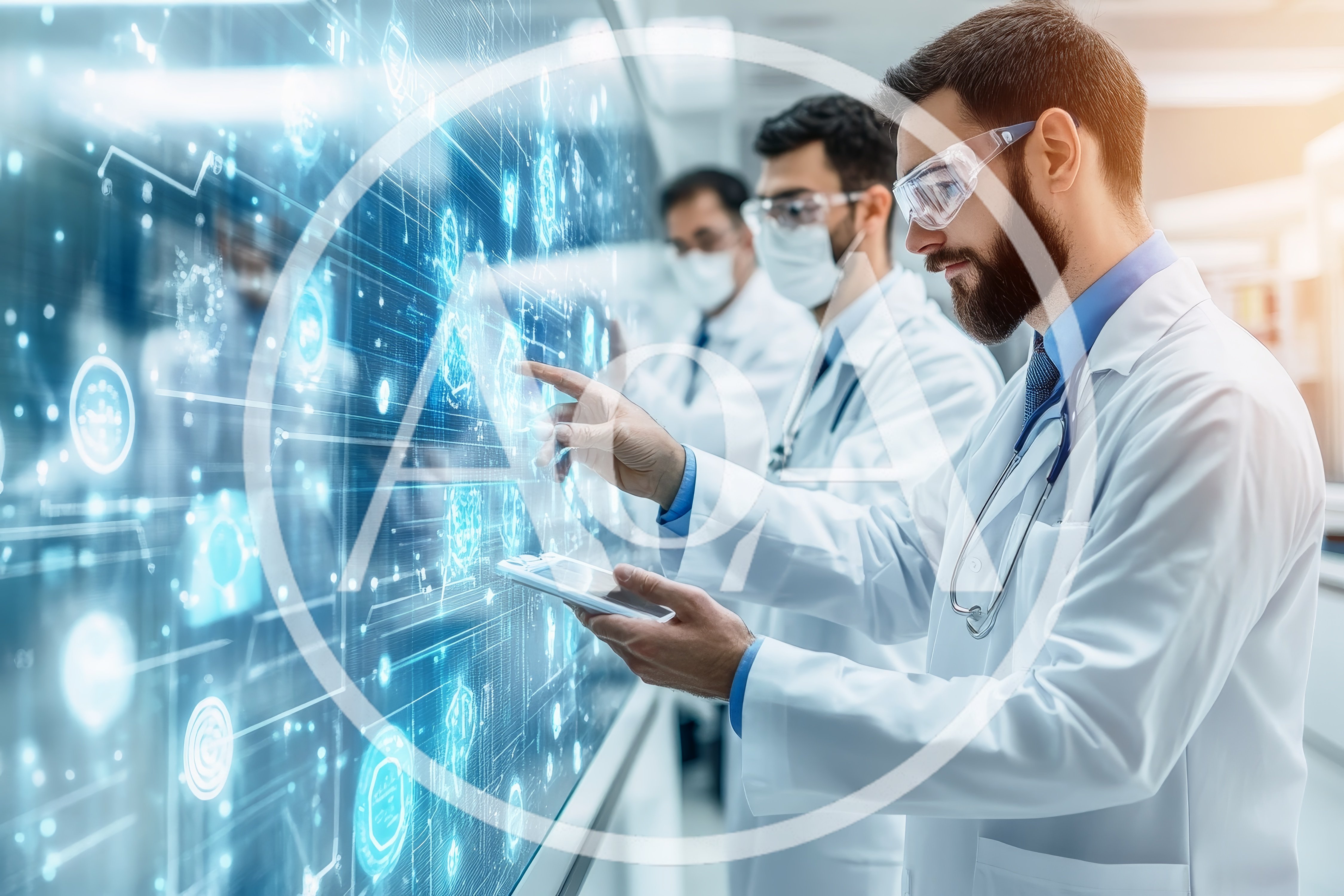 Medical Researchers Interacting With Futuristic Digital Data Interface