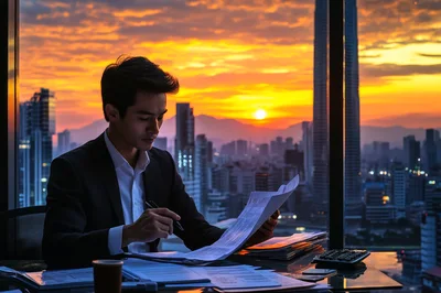 Businessman Reviewing Documents in High Rise Office at Sunset