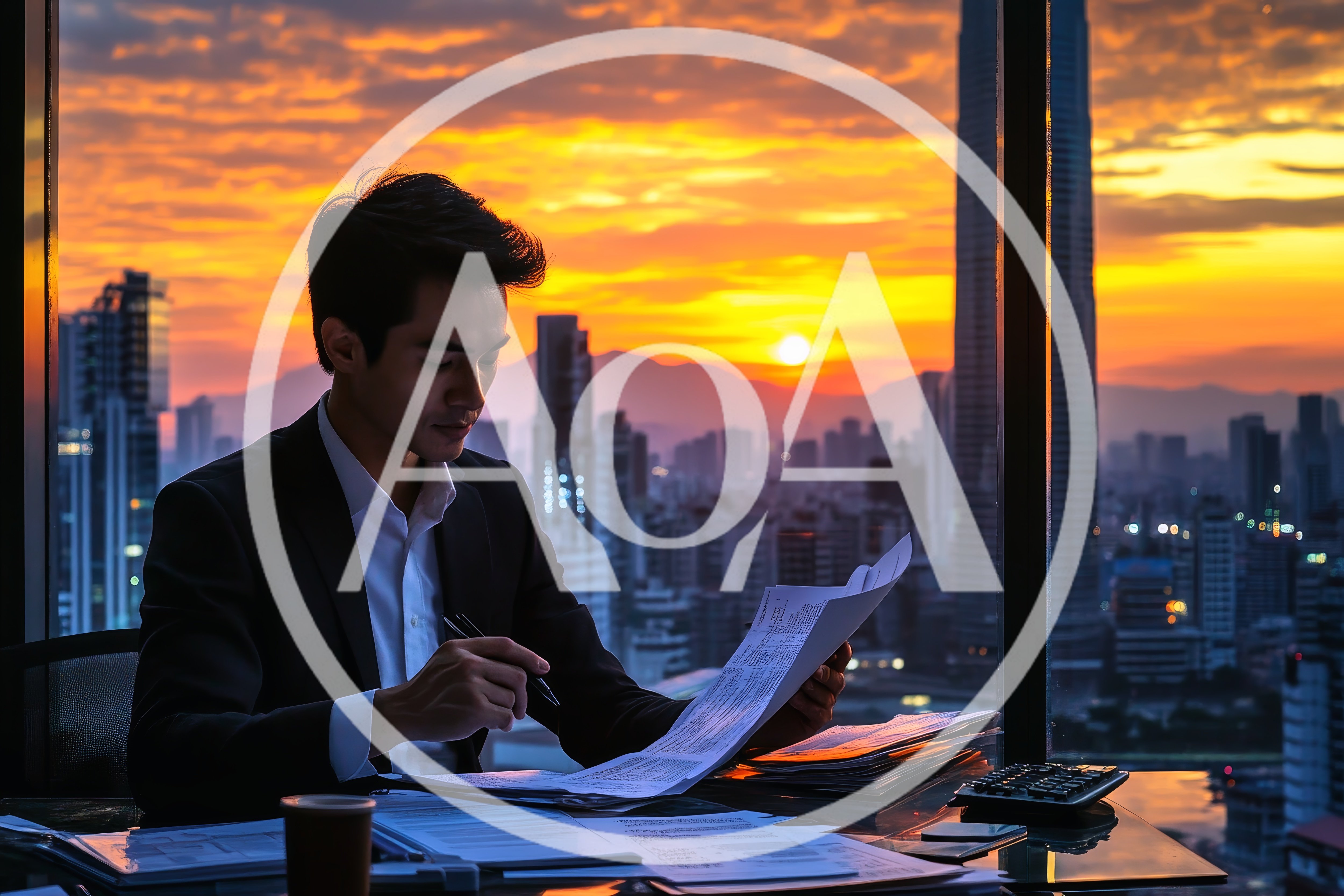Businessman Reviewing Documents in High Rise Office at Sunset