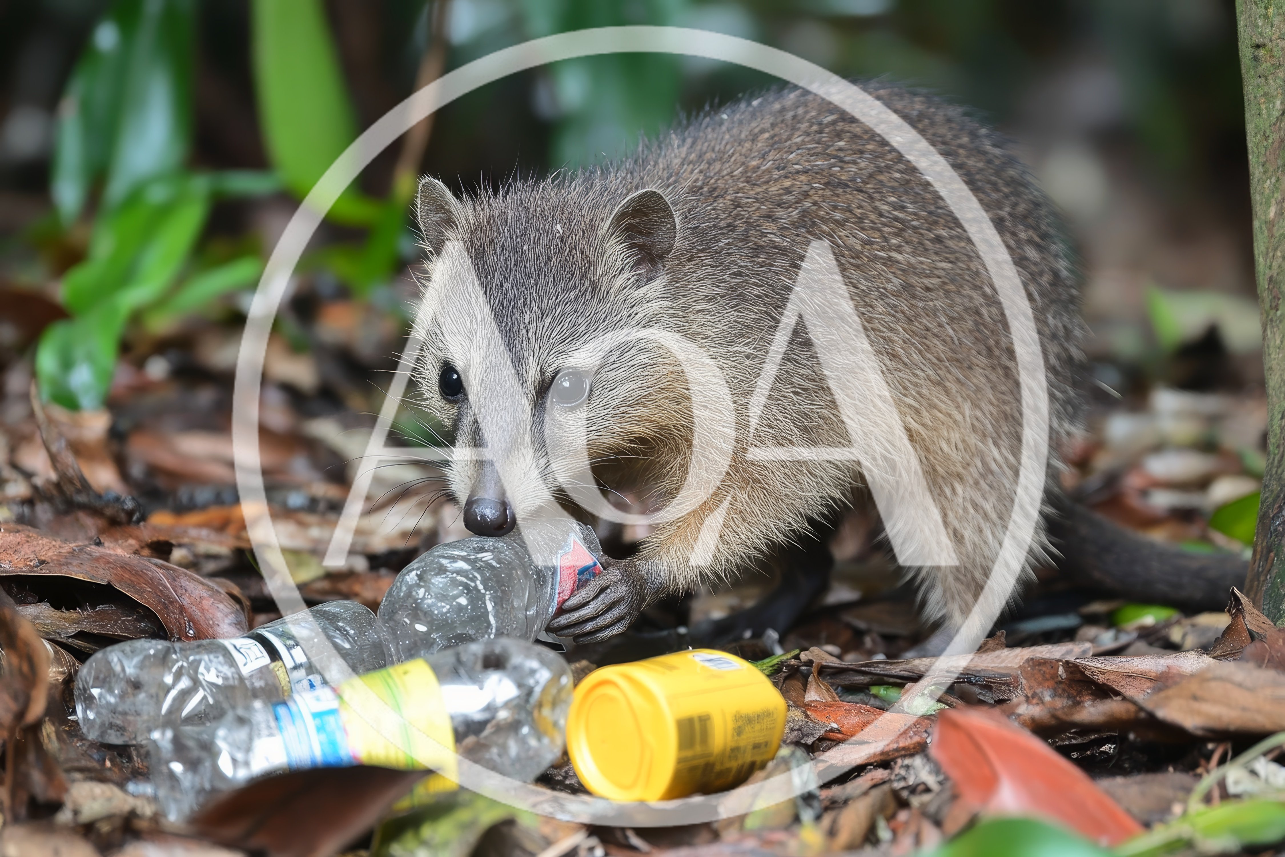 Crab-Eating Raccoon Foraging Among Plastic Trash In Forest
