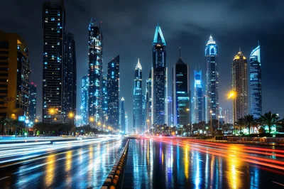 Dubai Skyline Night Traffic With Long Exposure Light Trails