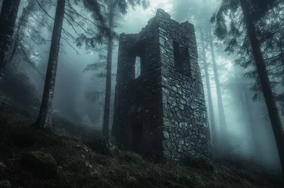 Ancient Stone Tower Ruin In A Misty Forest