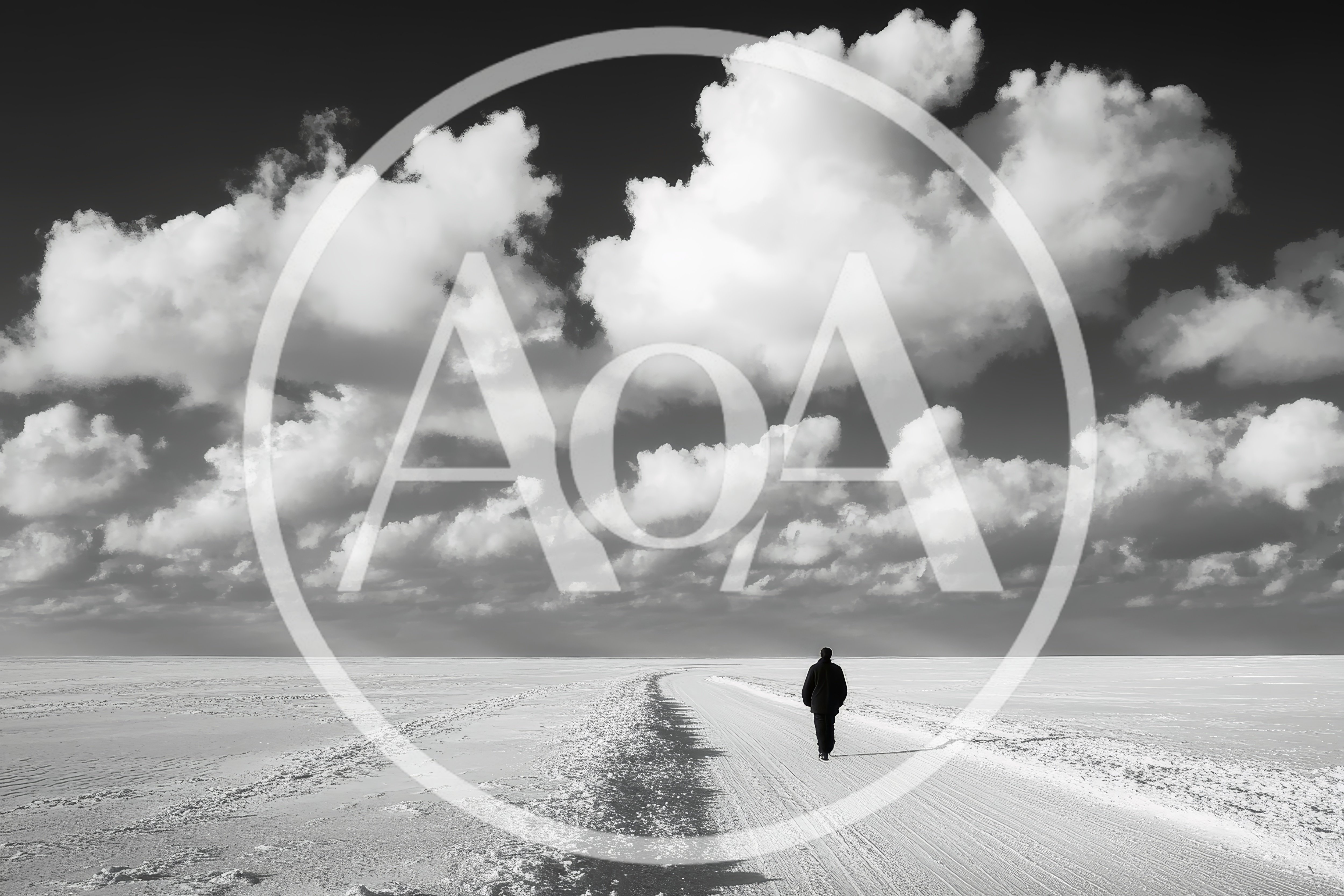 Lone Person Walking Along Snowy Path Under Dramatic Clouds