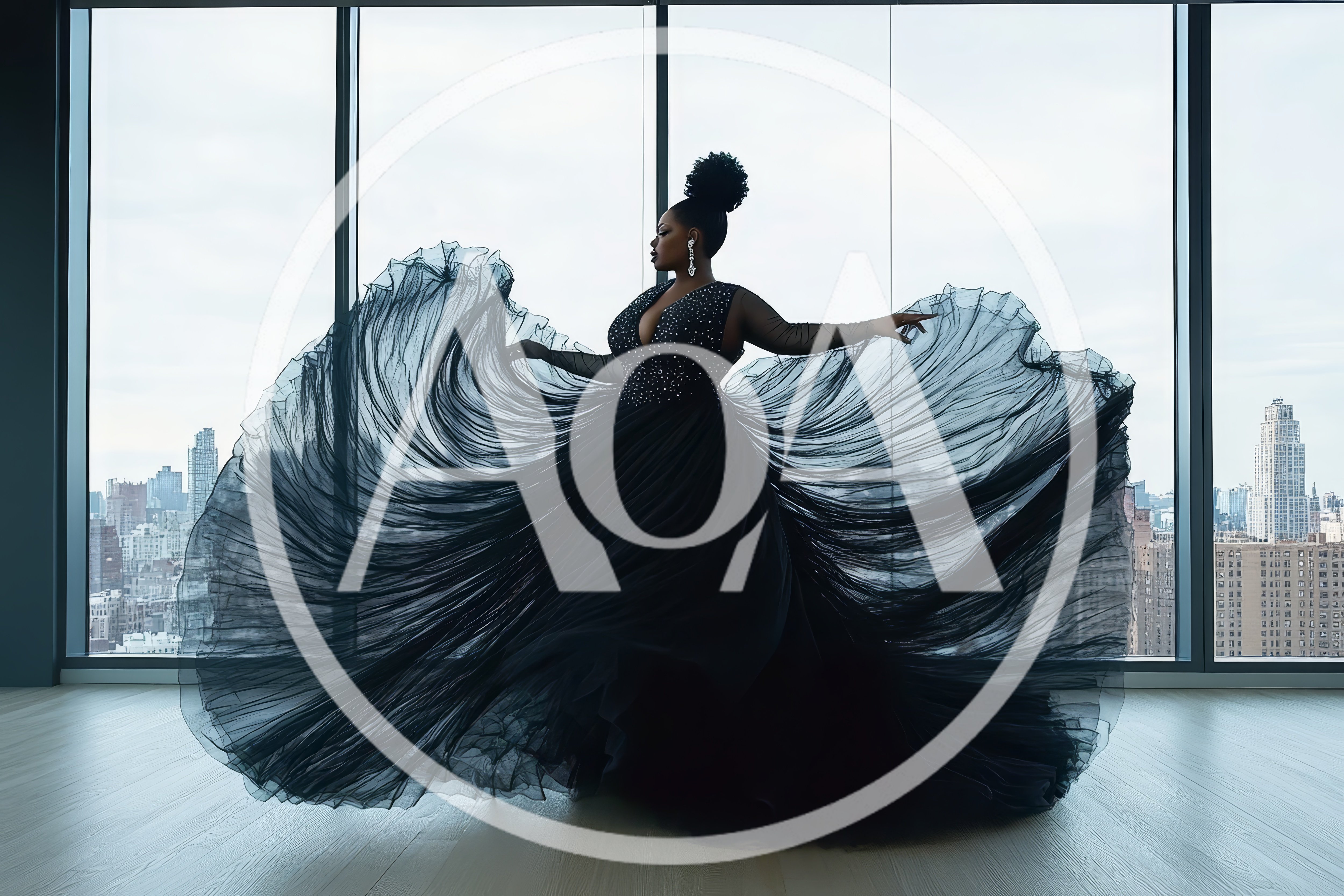 Elegant Woman In Black Gown Dancing In High Rise