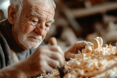 Elderly Woodworker Carving Intricate Details In Workshop