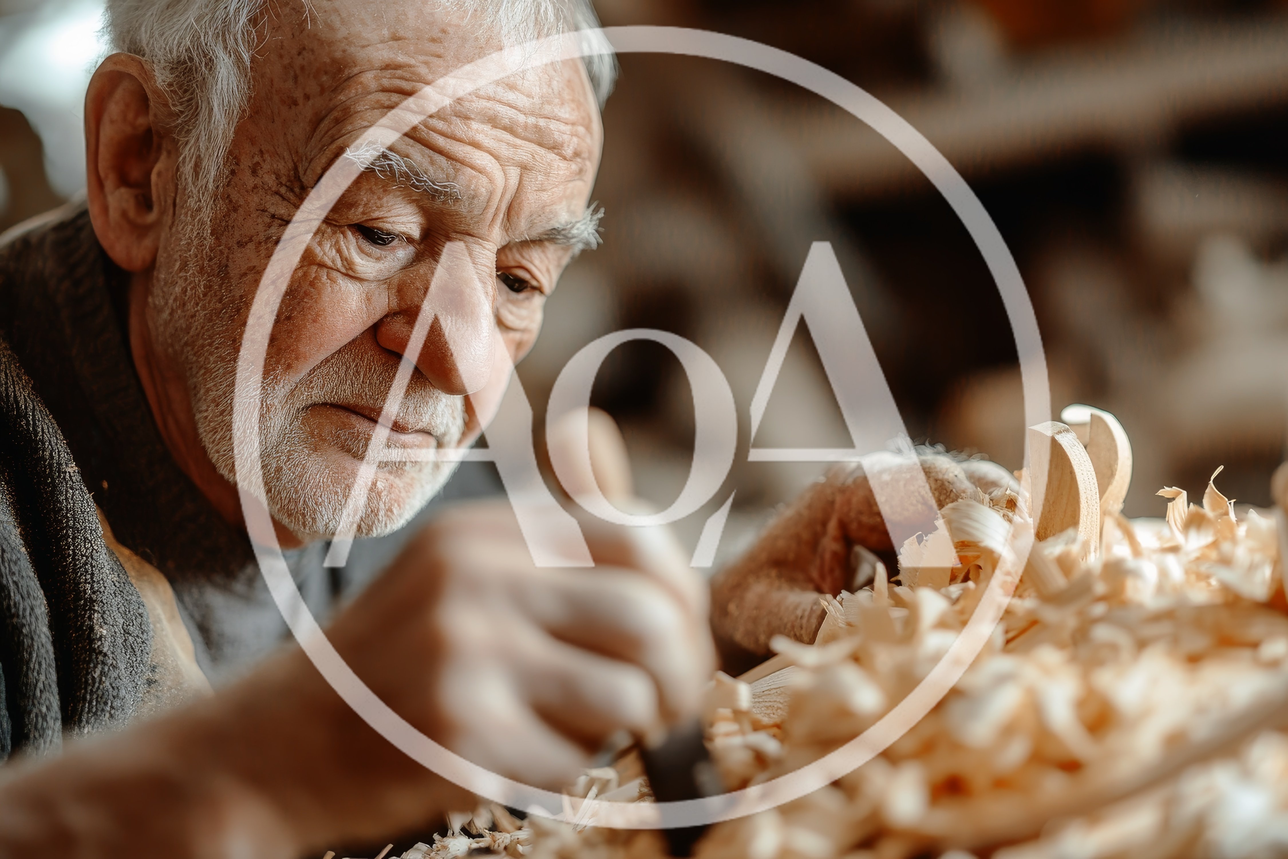 Elderly Woodworker Carving Intricate Details In Workshop
