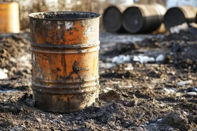 Rusty Orange Industrial Barrel in Muddy Field