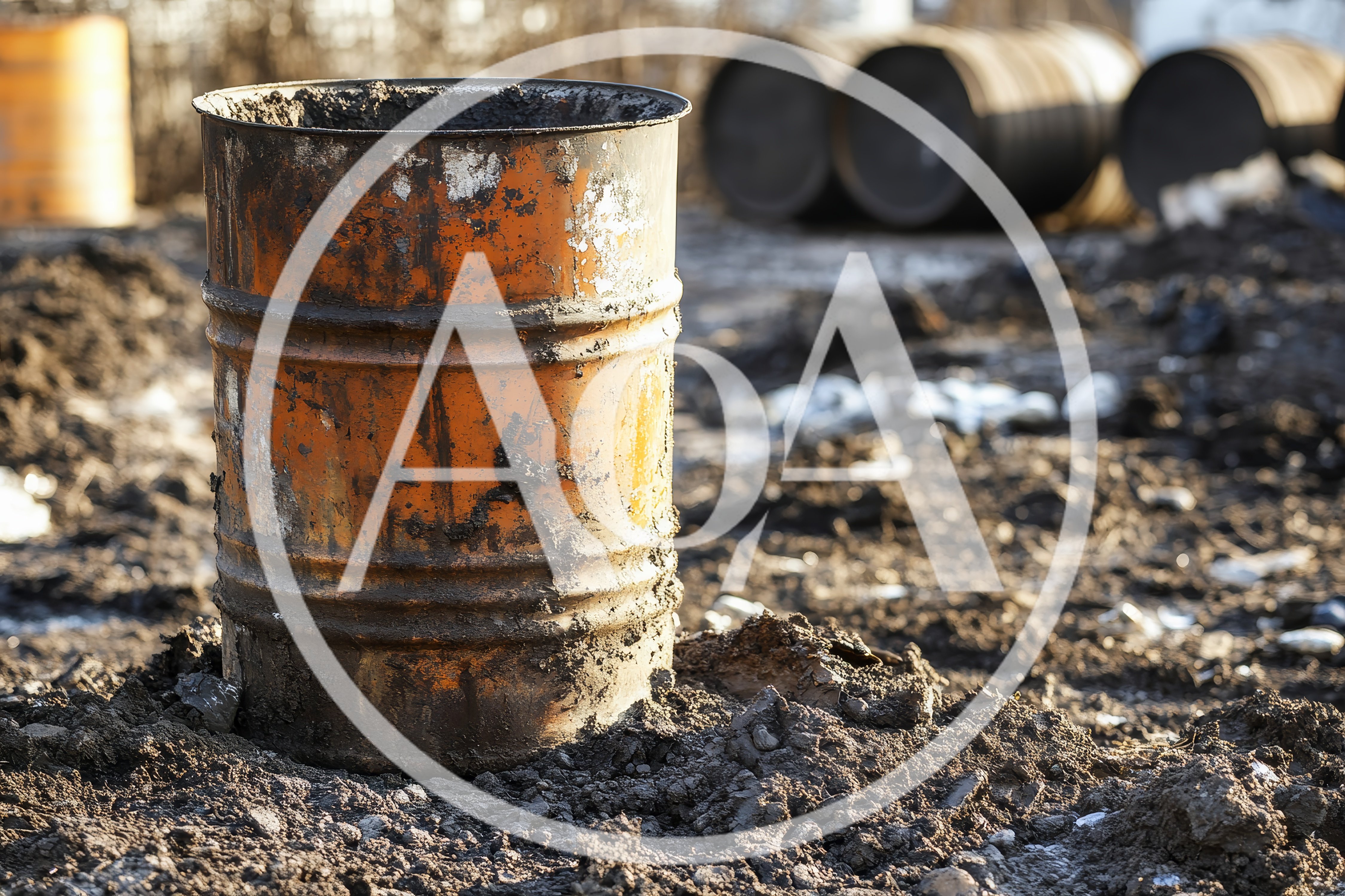 Rusty Orange Industrial Barrel in Muddy Field