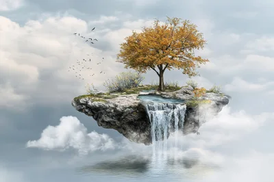 Floating Island With Waterfall And Autumn Tree
