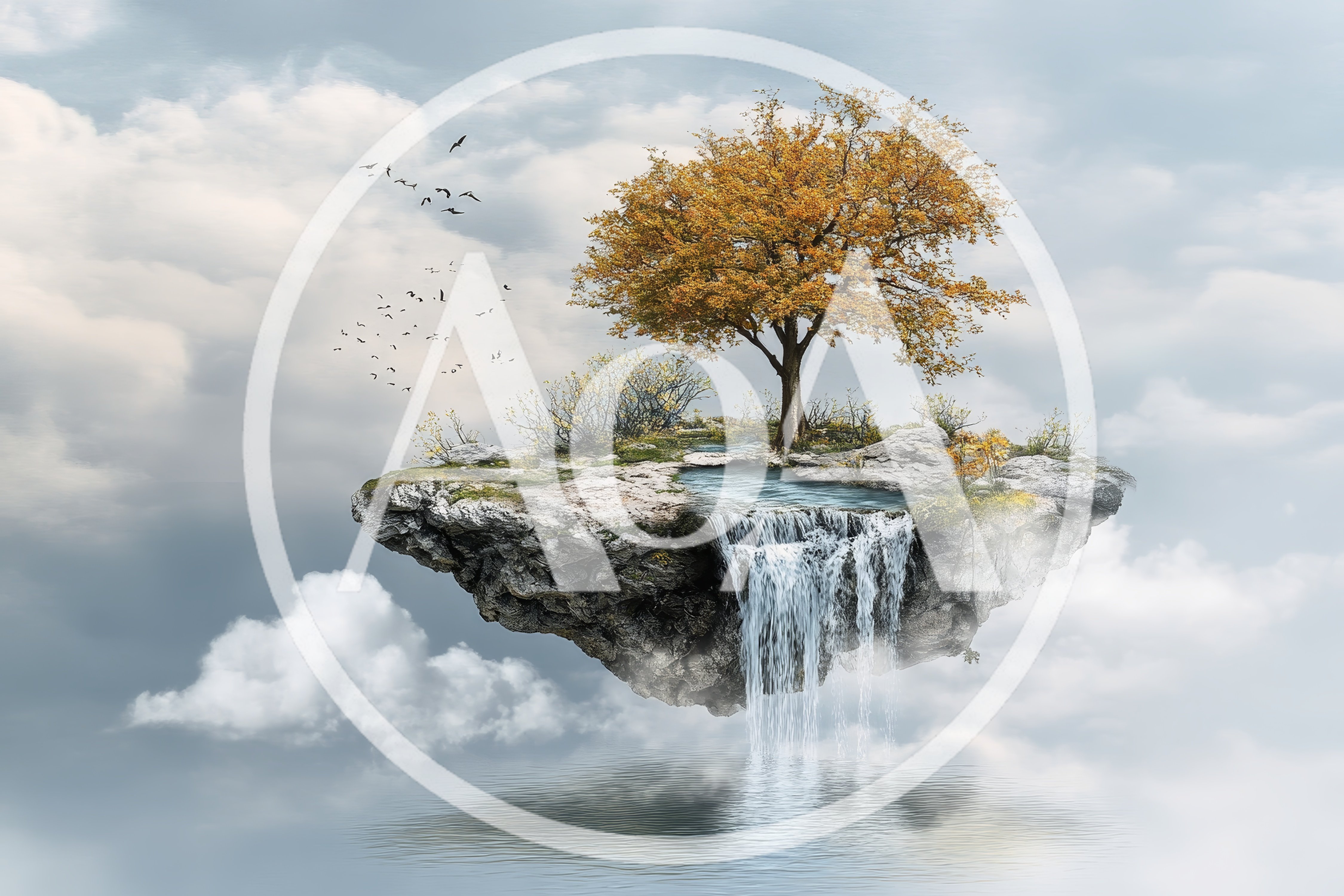 Floating Island With Waterfall And Autumn Tree
