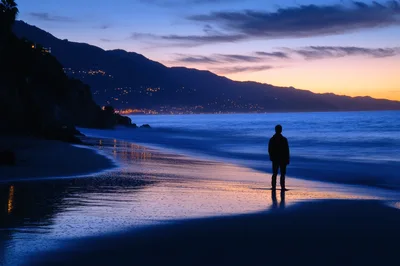Silhouette Of A Man Standing On A Beach At Twilight