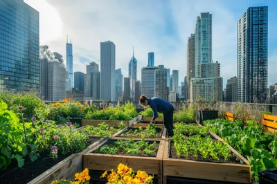 Woman Gardening In An Urban Rooftop Vegetable Garden