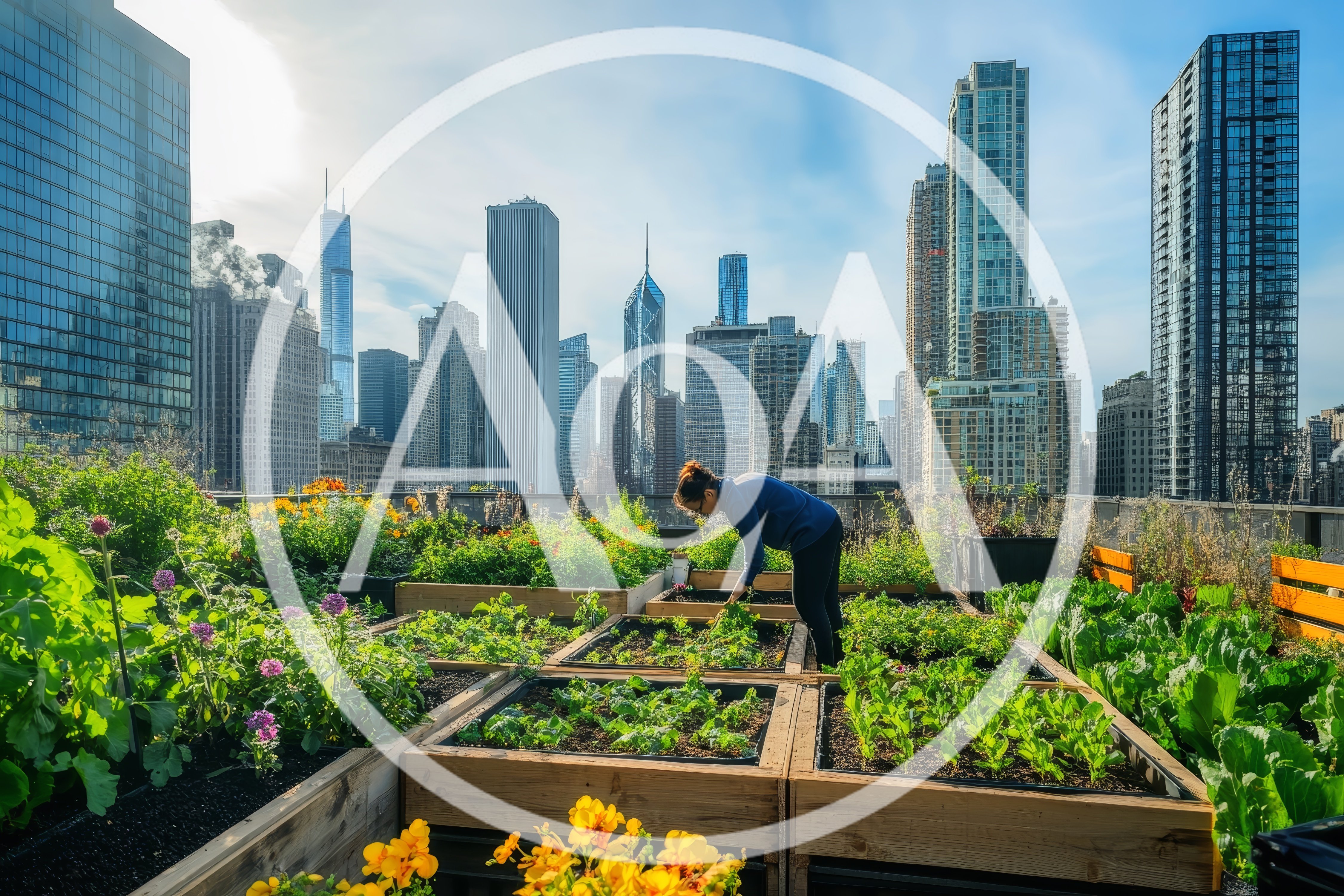 Woman Gardening In An Urban Rooftop Vegetable Garden