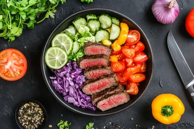 Top View Of A Healthy Steak Salad Bowl
