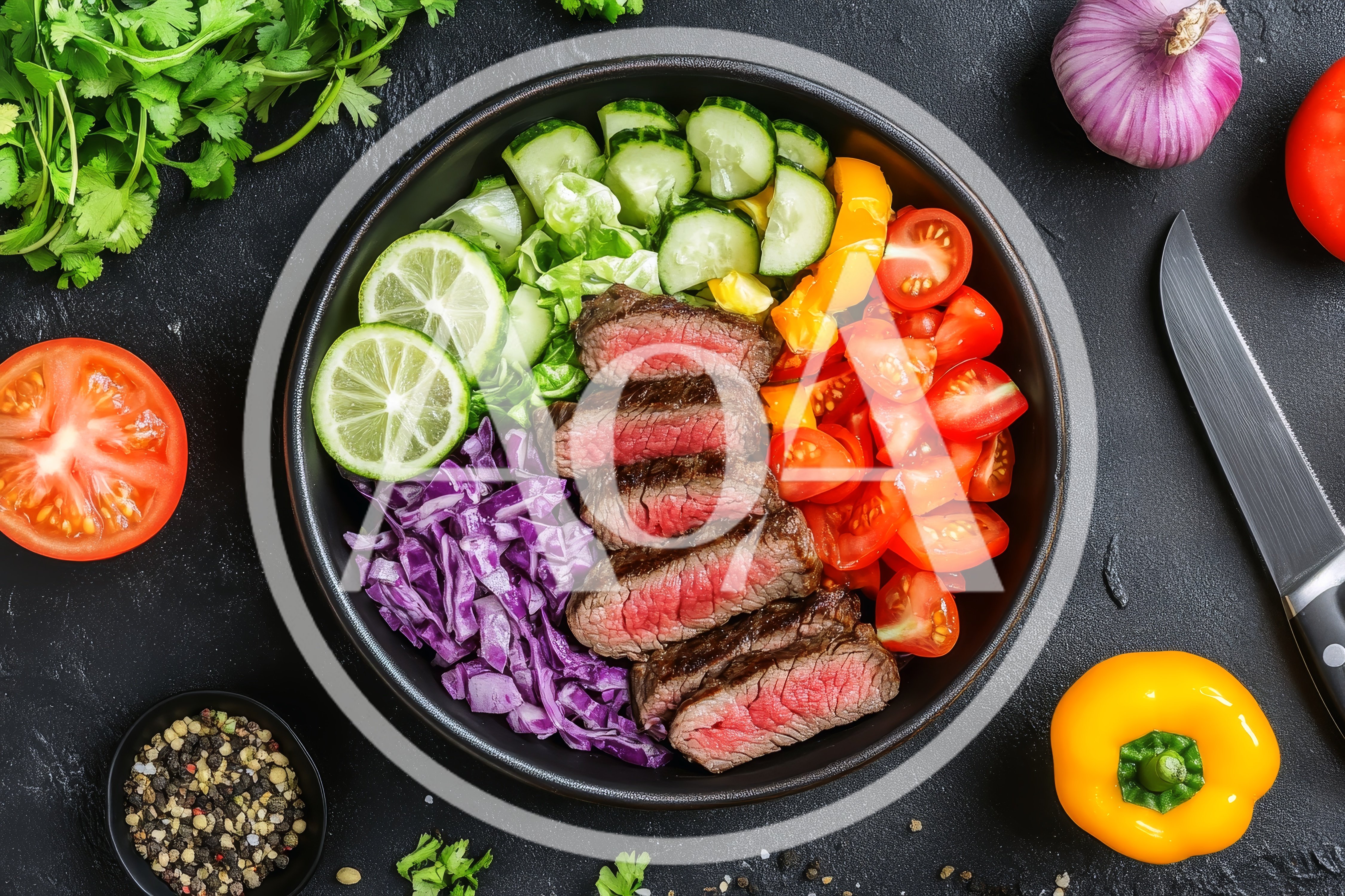 Top View Of A Healthy Steak Salad Bowl