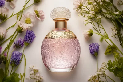 Elegant Perfume Bottle Surrounded By Delicate Spring Flowers