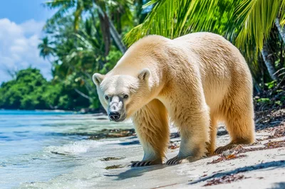 Polar Bear Walking Along A Tropical Beach