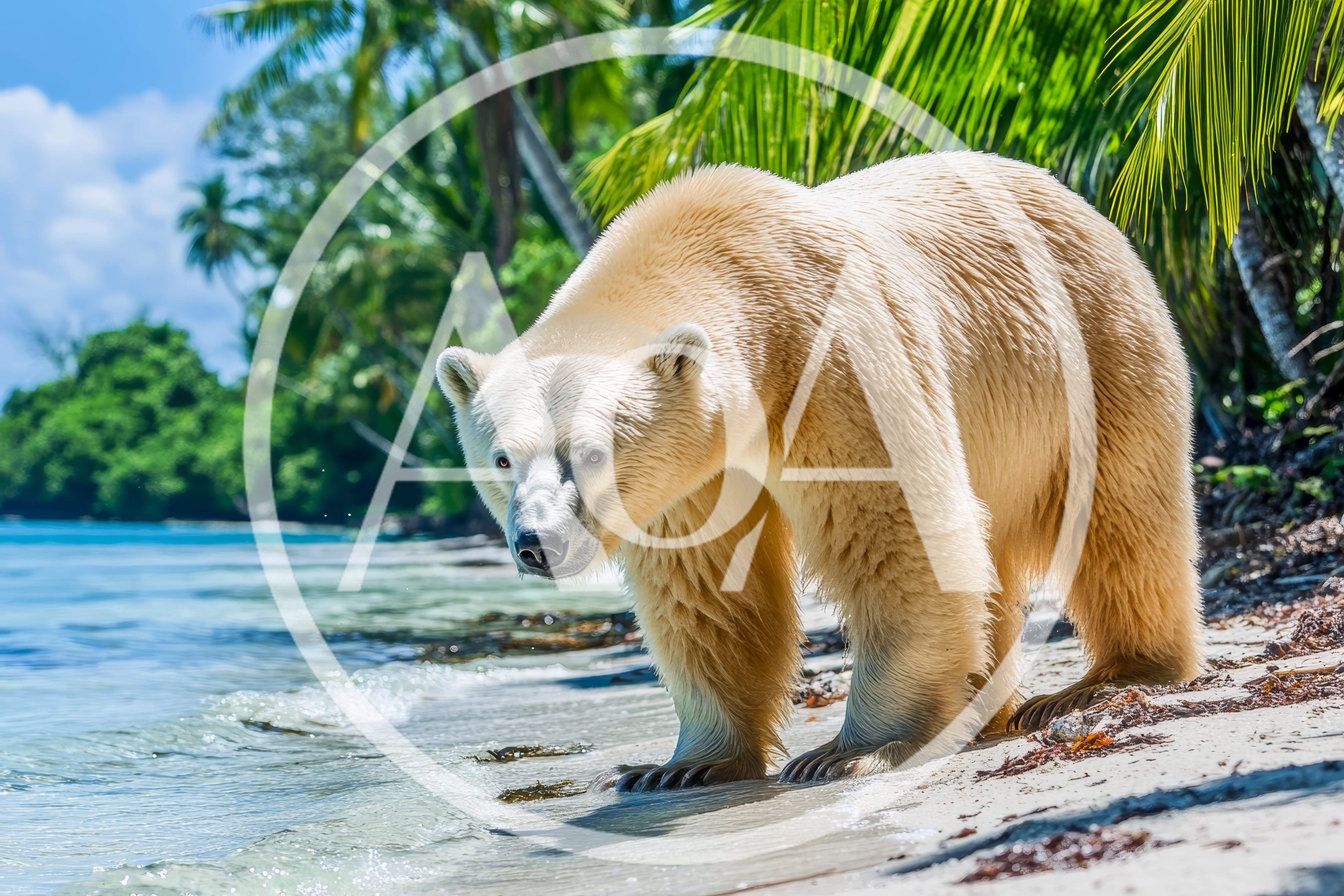 Polar Bear Walking Along A Tropical Beach