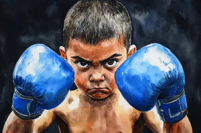 Watercolor Illustration Of A Determined Young Boxer