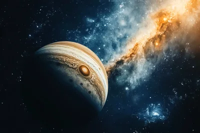 Jupiter Planet Floating In Deep Space With Nebula