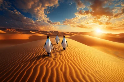 Three Emperor Penguins Walking Across A Vast Desert