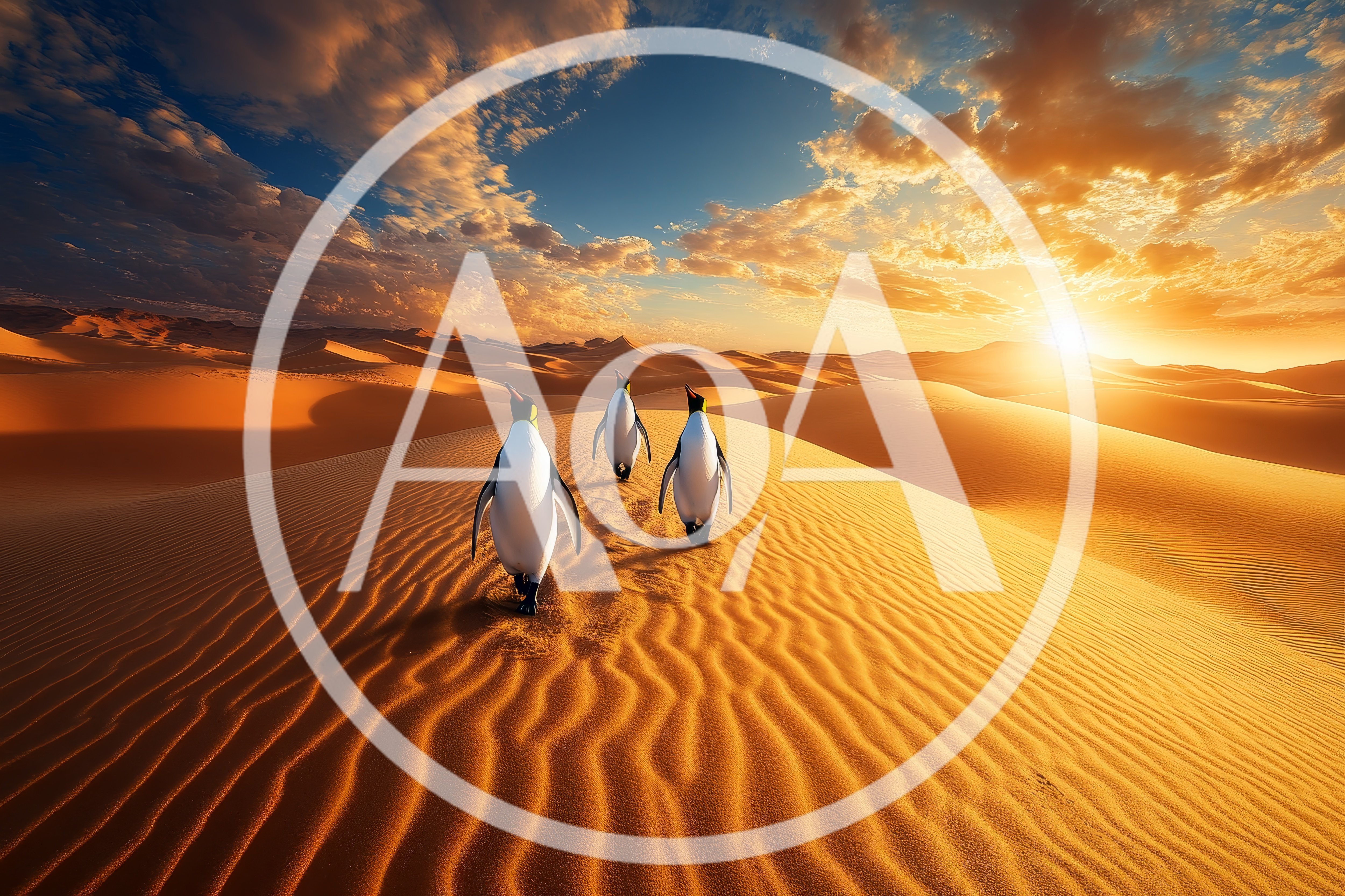 Three Emperor Penguins Walking Across A Vast Desert
