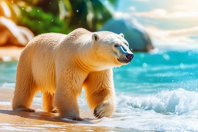 Polar Bear Walking Along A Tropical Sandy Beach