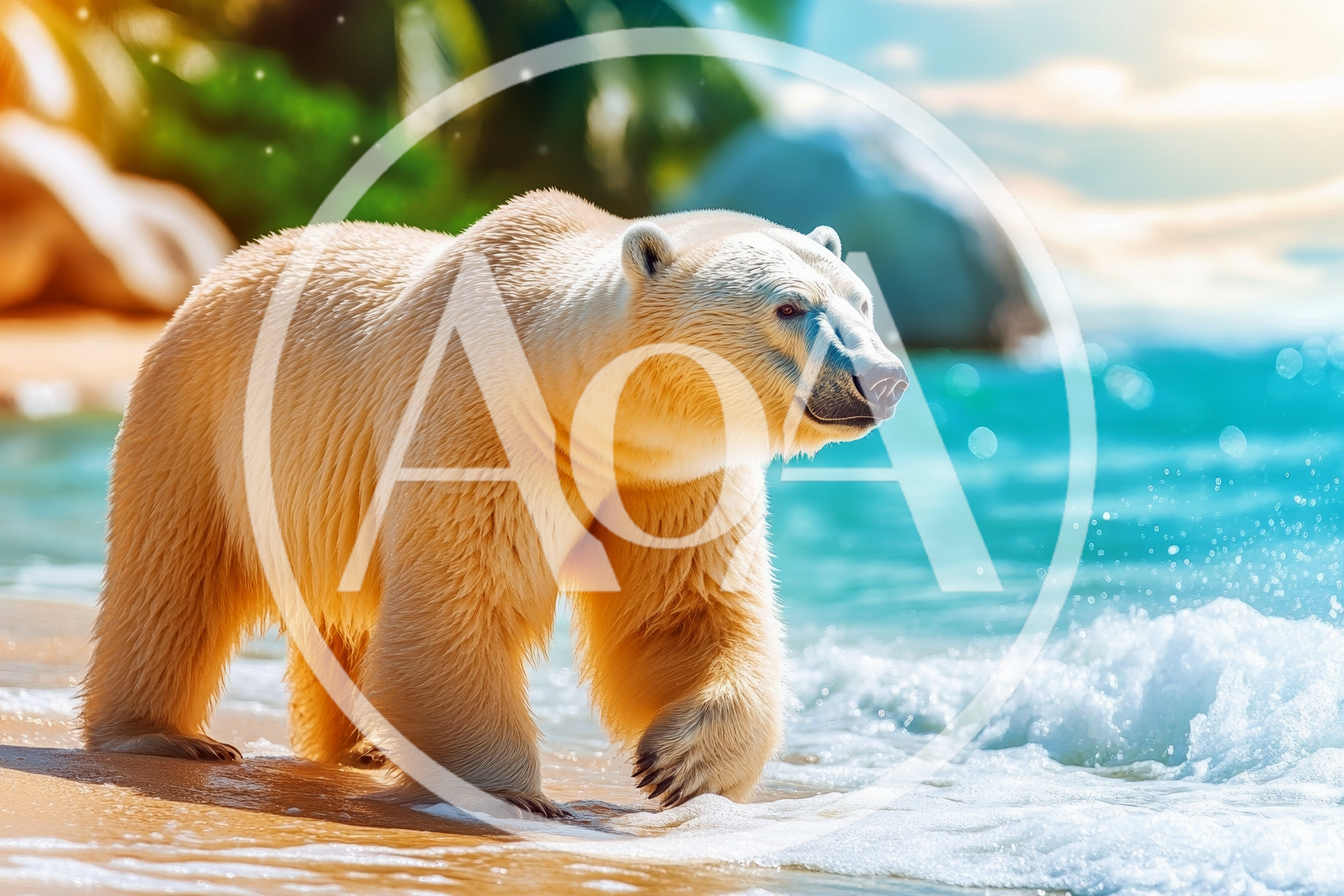 Polar Bear Walking Along A Tropical Sandy Beach