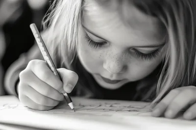 Young Girl Concentrating While Drawing With A Pencil